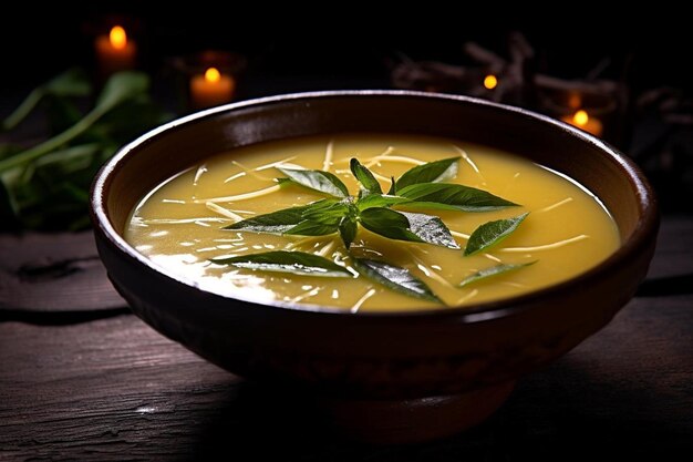 un bol de soupe avec une feuille verte dessus.