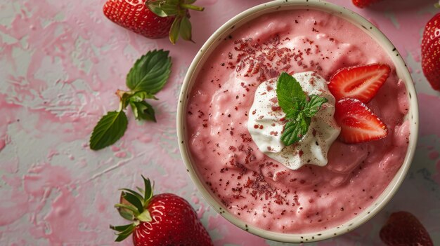 Un bol de soupe de fraise réfrigérée avec un peu de crème fraîche