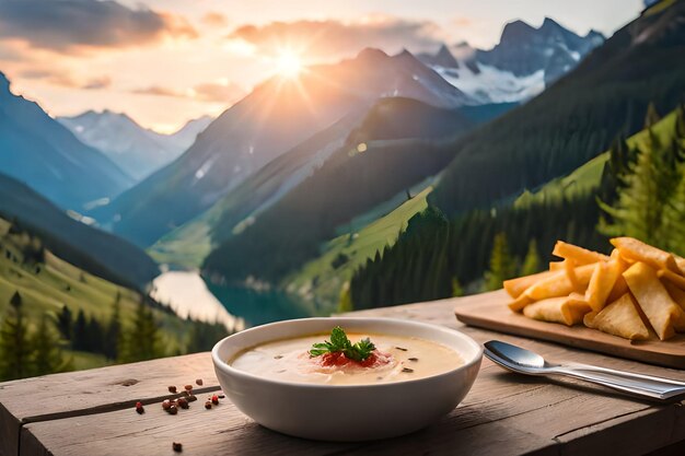 Un bol de soupe avec des frites sur une table avec des montagnes en arrière-plan