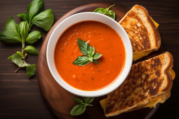 un bol de soupe et de fromage grillé sur une assiette