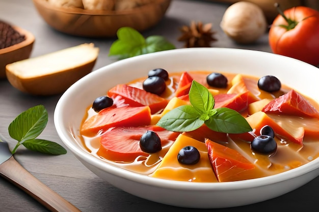 Un bol de soupe de fruits avec une feuille de basilic sur le côté.