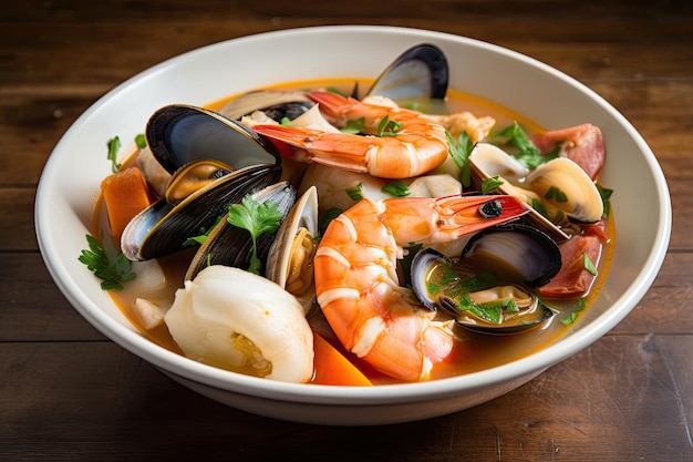 Bol de soupe de fruits de mer fumante aux moules palourdes et crevettes