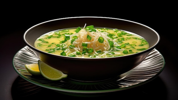 Un bol de soupe garni d'oignons verts finement hachés l'éclairage est habilement conçu pour accentuer la richesse des couleurs