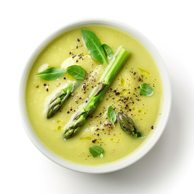 un bol de soupe avec un légume vert et des herbes