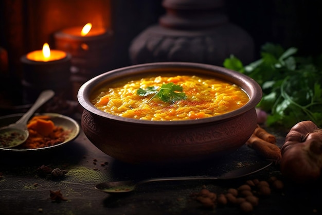 Un bol de soupe de lentilles de carotte et de riz parmi d'autres ingrédients dans le style de la culture populaire indienne