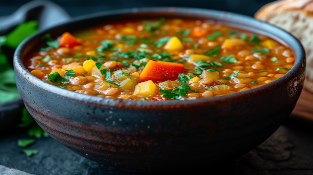 Un bol de soupe de lentilles végétariennes, abondante et saine, avec un peu d'épices terrifiantes.