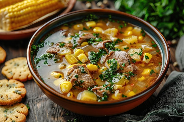 Un bol de soupe de maïs et de porc avec de grands morceaux de viande et de légumes en arrière-plan