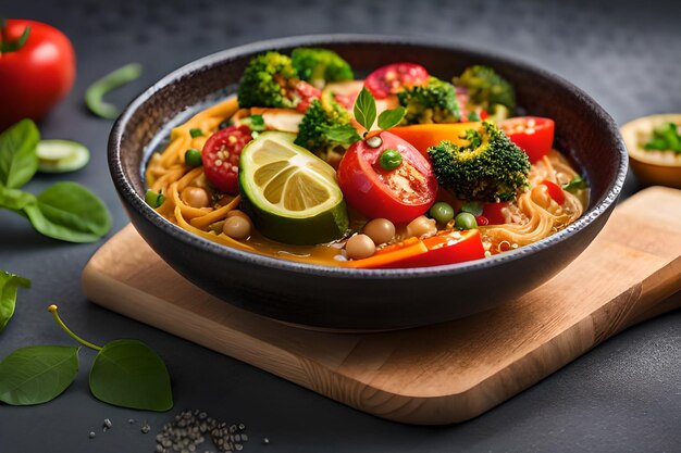 Un bol de soupe de nouilles aux légumes avec des légumes et du citron