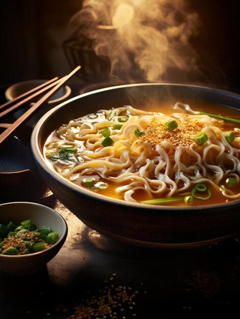 un bol de soupe avec des nouilles et des baguettes