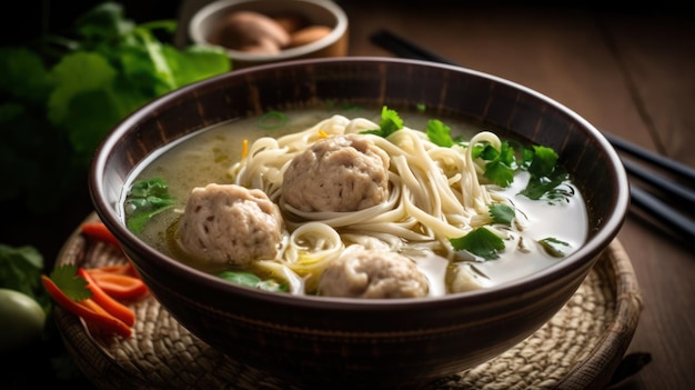 Un bol de soupe de nouilles avec des boulettes de viande et des nouilles.