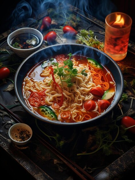 un bol de soupe avec des nouilles et des tomates