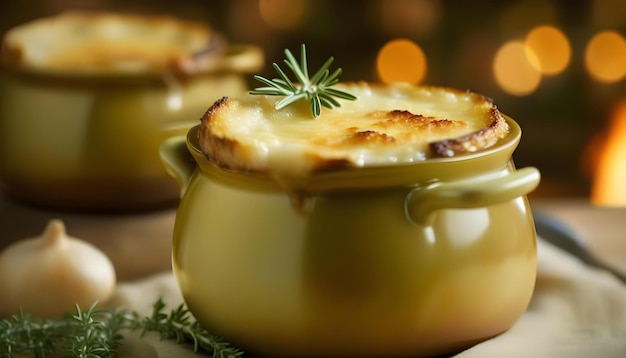 Un bol de soupe d'oignon français avec du fromage fondu et des croutons garnis de feuilles de thym