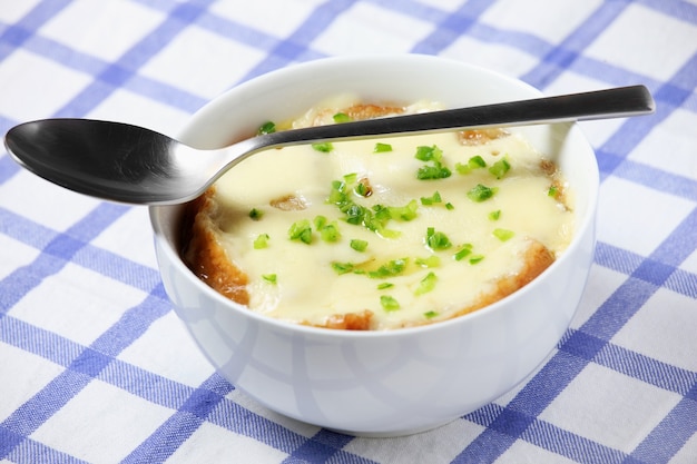 un bol de soupe à l'oignon français frais cuit avec du pain grillé et du fromage