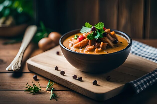 un bol de soupe avec une planche en bois en arrière-plan