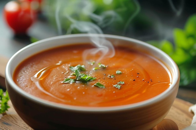 un bol de soupe sur une planche à couper en bois