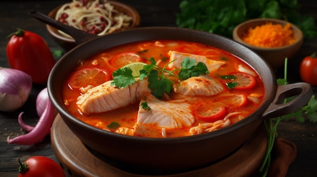 Un bol de soupe de poisson avec un bol de coriandre sur le côté.
