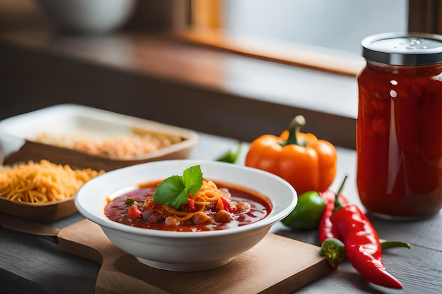 Un bol de soupe avec un pot de poivron rouge à côté