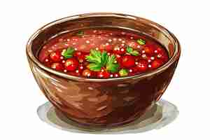 Photo un bol de soupe avec une sauce rouge et une brindille verte de persil