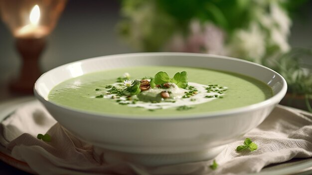 Un bol de soupe avec une soupe de légumes verts en arrière-plan.