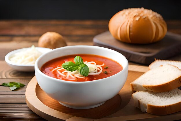 un bol de soupe avec des spaghettis et de la sauce tomate.