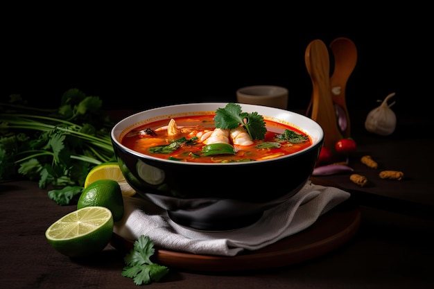 Bol de soupe tom yam garnie de coriandre et de quartier de citron vert créé avec générative ai