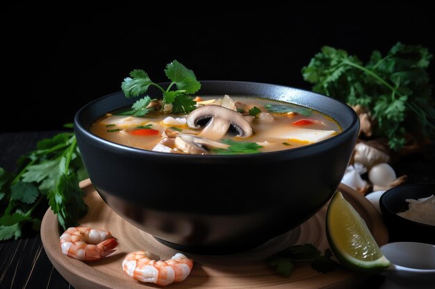 Bol de soupe tom yam avec des ingrédients supplémentaires pour plus de saveur et de texture créée avec générative ai