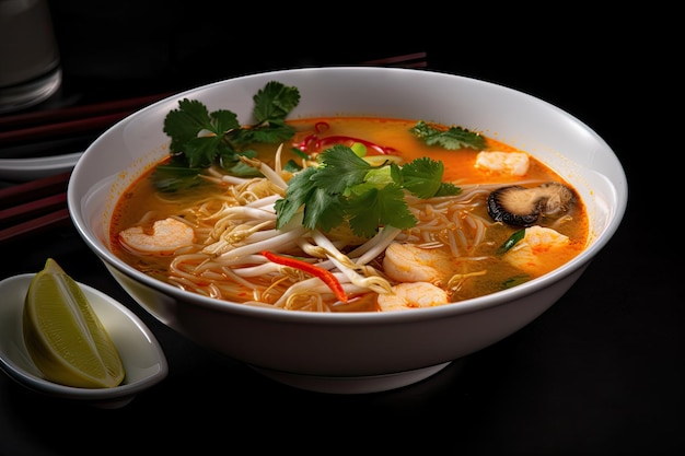 Bol de soupe tom yam prêt à être servi avec un côté de nouilles de riz créées avec ai générative