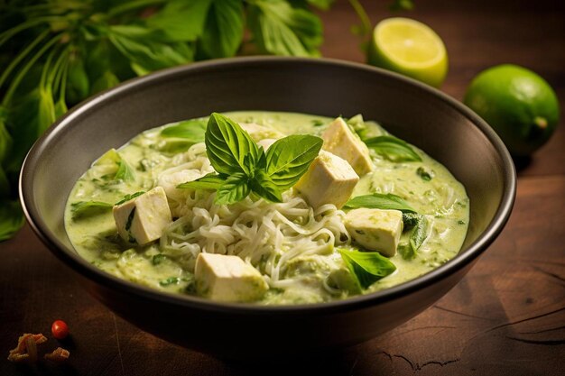 un bol de soupe verte avec du tofu dedans