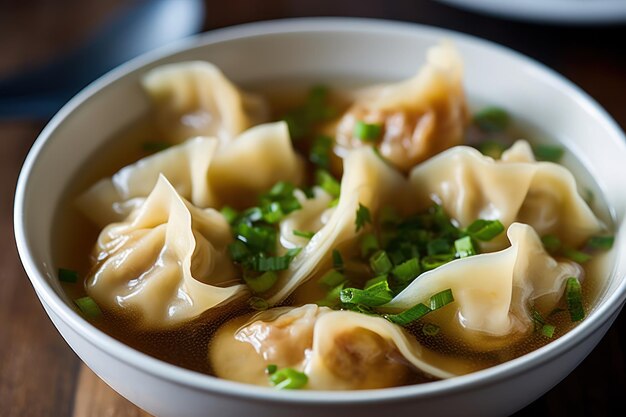 Un bol de soupe de wonton avec des oignons verts sur le dessus