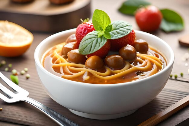 Un bol de spaghetti avec une fraise sur le dessus