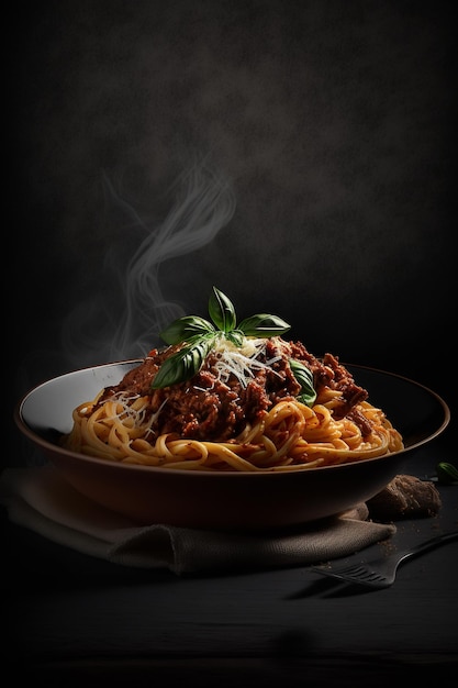 un bol de spaghetti avec un fumoir de viande et de légumes.