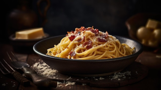 Un bol de spaghettis au bacon et au fromage sur une table.