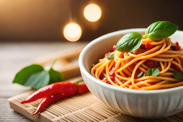 Un bol de spaghettis au piment rouge sur une table