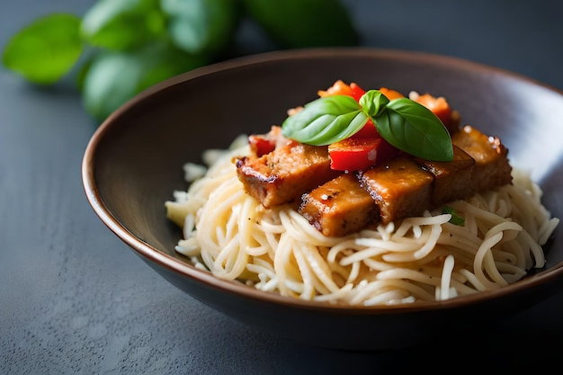 Un bol de spaghettis au tofu et au basilic sur le dessus