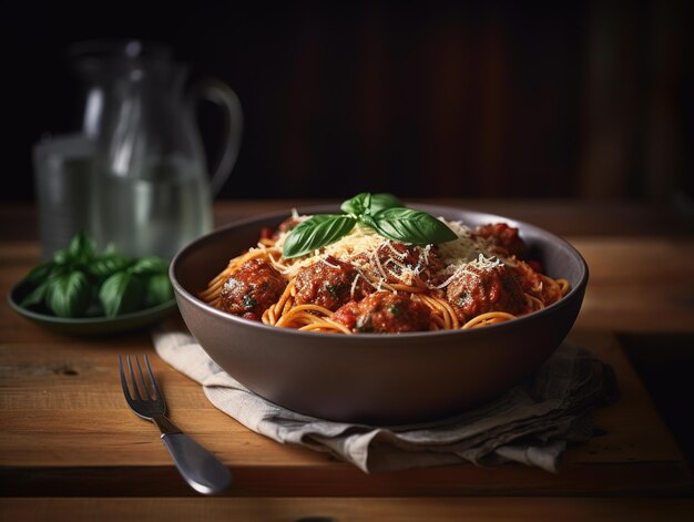 Un bol de spaghettis aux boulettes de viande et feuilles de basilic sur une table.