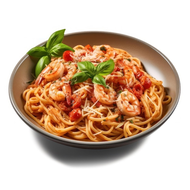 Un bol de spaghettis aux crevettes et au basilic sur le dessus.