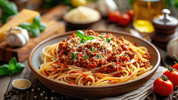 Un bol de spaghettis à la bolognaise garnis de viande