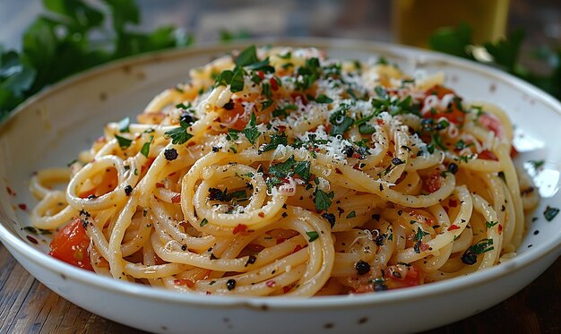 un bol de spaghettis avec du fromage parmesan et des herbes