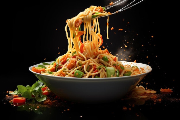 un bol de spaghettis étant soulevé par une fourchette