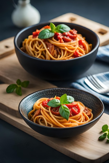 Un bol de spaghettis avec une fourchette sur une planche à découper en bois