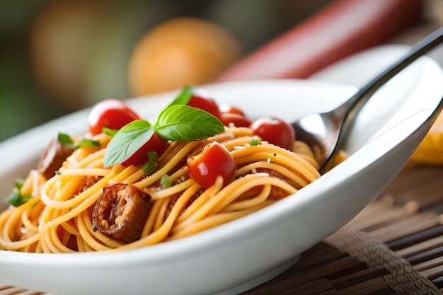 Un bol de spaghettis avec une fourchette et une sauce tomate