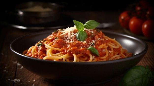 Un bol de spaghettis à la sauce tomate et feuilles de basilic sur une table.