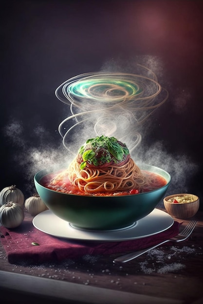 Un bol de spaghettis avec une sauce verte qui dit " spaghetti ".