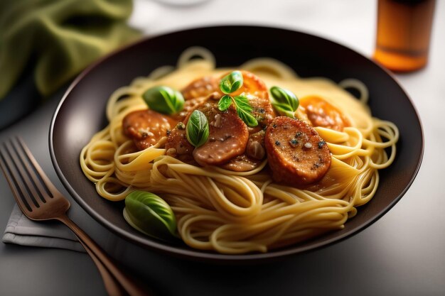 Un bol de spaghettis avec des saucisses et du basilic sur le côté.