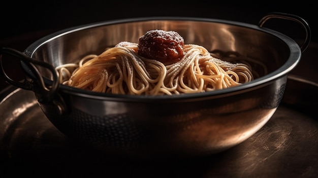 Un bol de spaghettis avec une tomate sur le dessus