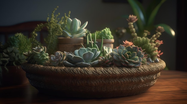 Un bol de succulents est posé sur une table avec un fond sombre.