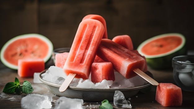 Un bol de sucettes glacées à la pastèque avec de la glace sur le dessus