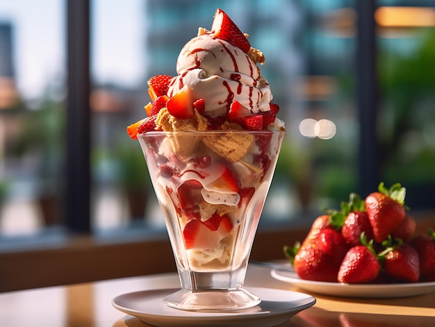 Bol de sundae aux fraises avec des fraises sur la table