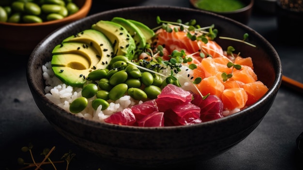 Un bol de sushi au saumon et à l'avocat