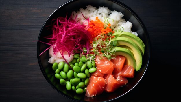 Un bol de sushi avec avocat, riz et avocat.